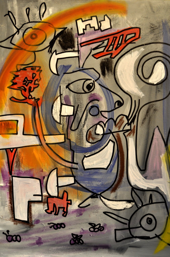 La folclórica republicana y el trompetista sordo.  Mixta sobre tela 40x50cm